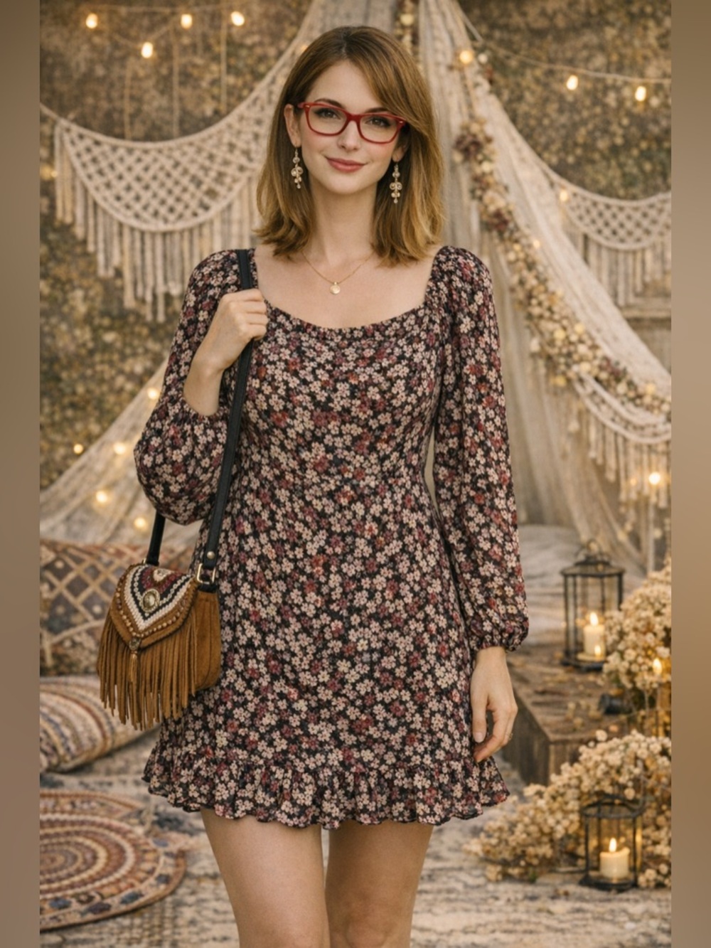 Lush Pink Black Floral Puff Sleeve Dress Sz M Soft Cottagecore Romantic